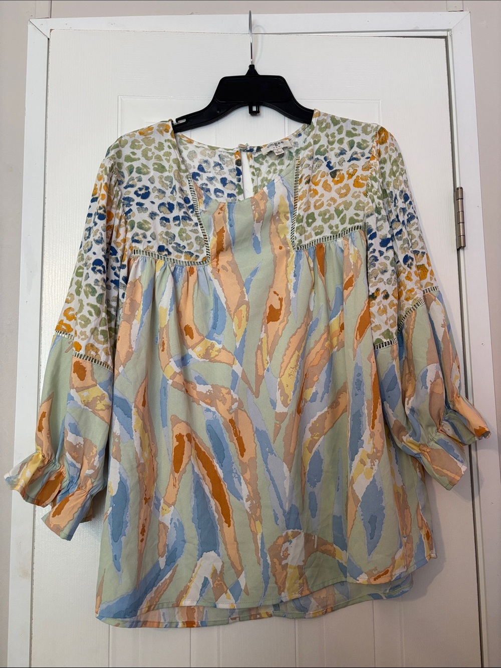 Umgee Pastel Multi-Color Peasant Tunic - Blue, Peach, Cream, Green, Gold
